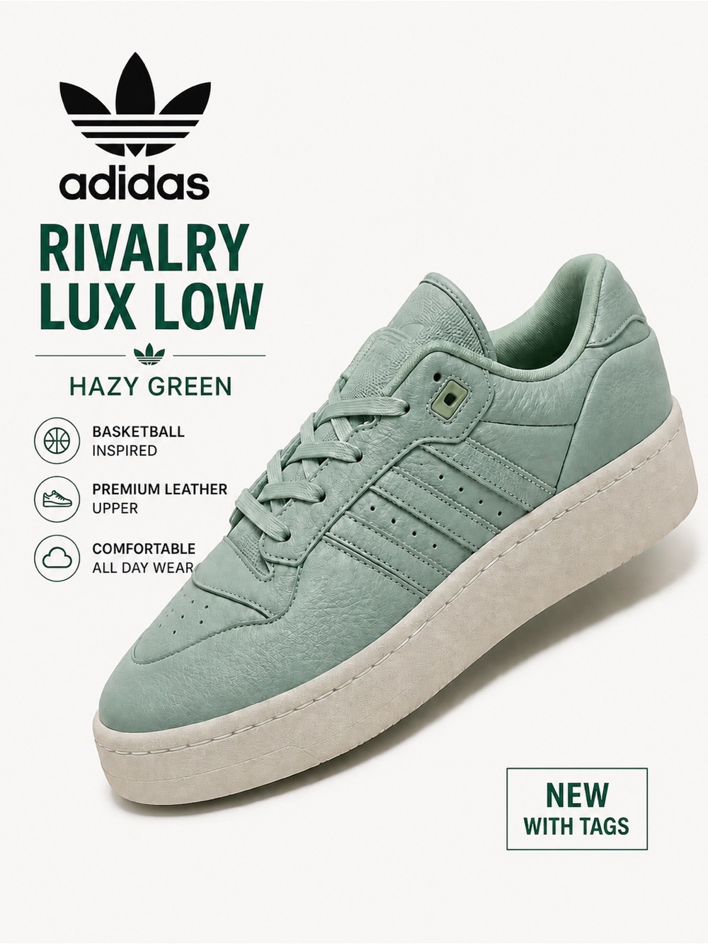 adidas Rivalry Lux Low Hazy Green Sneakers NWT 7 Basketball Streetwear active